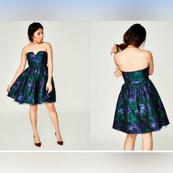 ABS By Allen Scwartz Navy & Green 'Blue Lagoon' Jacquard Strapless dress size 2 - Picture 1 of 12